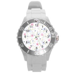 Floral Pink Blue Round Plastic Sport Watch (l)