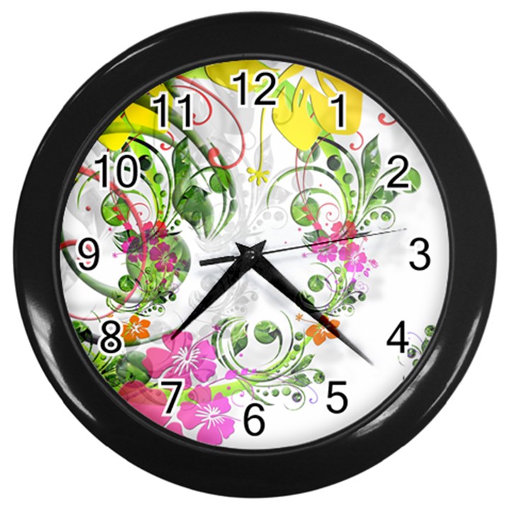 Flowers Floral Wall Clock (Black)