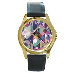 Geometric Blue Violet Pink Round Gold Metal Watch