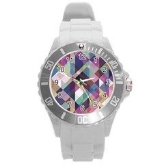 Geometric Blue Violet Pink Round Plastic Sport Watch (L)