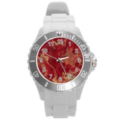 Marble Red Yellow Background Round Plastic Sport Watch (l)