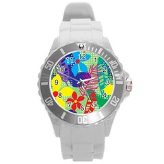 Pattern Leaf Polka Floral Round Plastic Sport Watch (l)