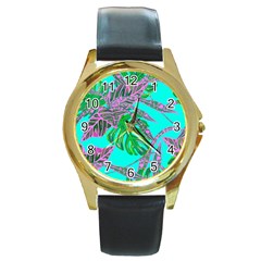 Painting Oil Leaves Nature Reason Round Gold Metal Watch by HermanTelo