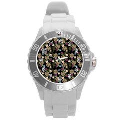 Cracked Doll Pattern Black Round Plastic Sport Watch (l) by snowwhitegirl