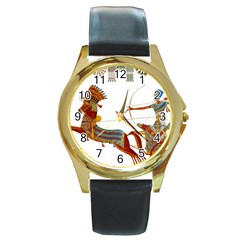 Egypt Egyptian Pharaonic Horses Round Gold Metal Watch by Sapixe