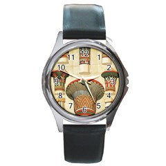 Egyptian Architecture Column Round Metal Watch by Sapixe