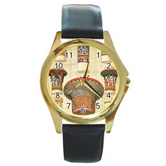 Egyptian Architecture Column Round Gold Metal Watch by Sapixe