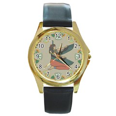 Egyptian Woman Wings Design Round Gold Metal Watch by Sapixe