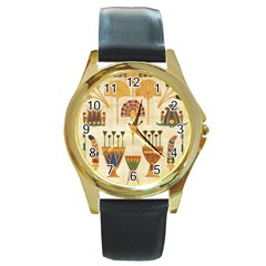 Egyptian Paper Papyrus Hieroglyphs Round Gold Metal Watch by Sapixe