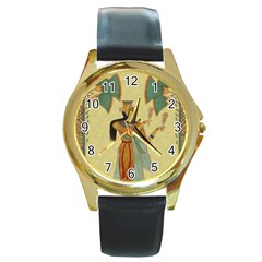 Egyptian Design Man Artifact Royal Round Gold Metal Watch by Sapixe