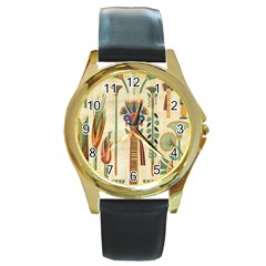 Egyptian Paper Papyrus Hieroglyphs Round Gold Metal Watch by Sapixe