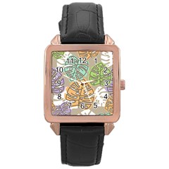 Pattern Leaves Banana Rainbow Rose Gold Leather Watch  by HermanTelo