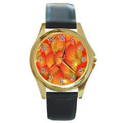 Pattern Texture Leaf Round Gold Metal Watch by HermanTelo