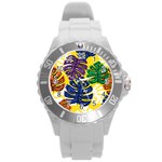 Pattern Leaves Grey Round Plastic Sport Watch (L) Front