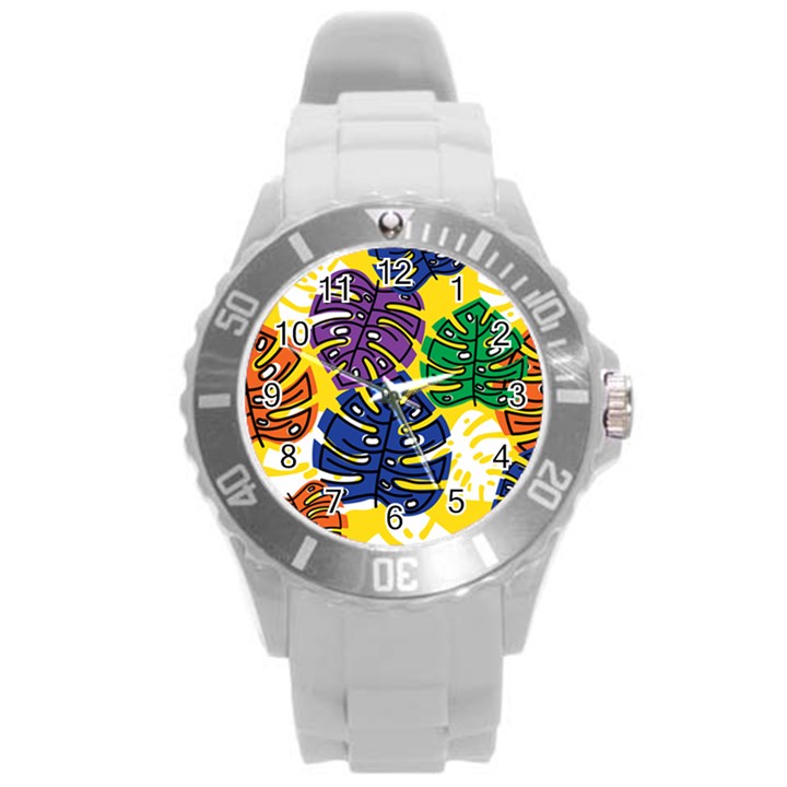 Pattern Leaves Grey Round Plastic Sport Watch (L)