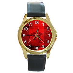 Awesome Creepy Skull With Crowm In Red Colors Round Gold Metal Watch by FantasyWorld7