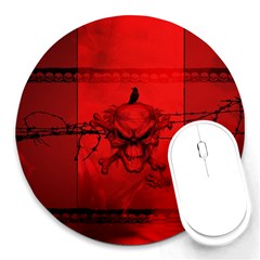 Awesome Creepy Skull With Crowm In Red Colors Round Mousepads by FantasyWorld7