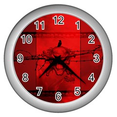 Awesome Creepy Skull With Crowm In Red Colors Wall Clock (silver) by FantasyWorld7