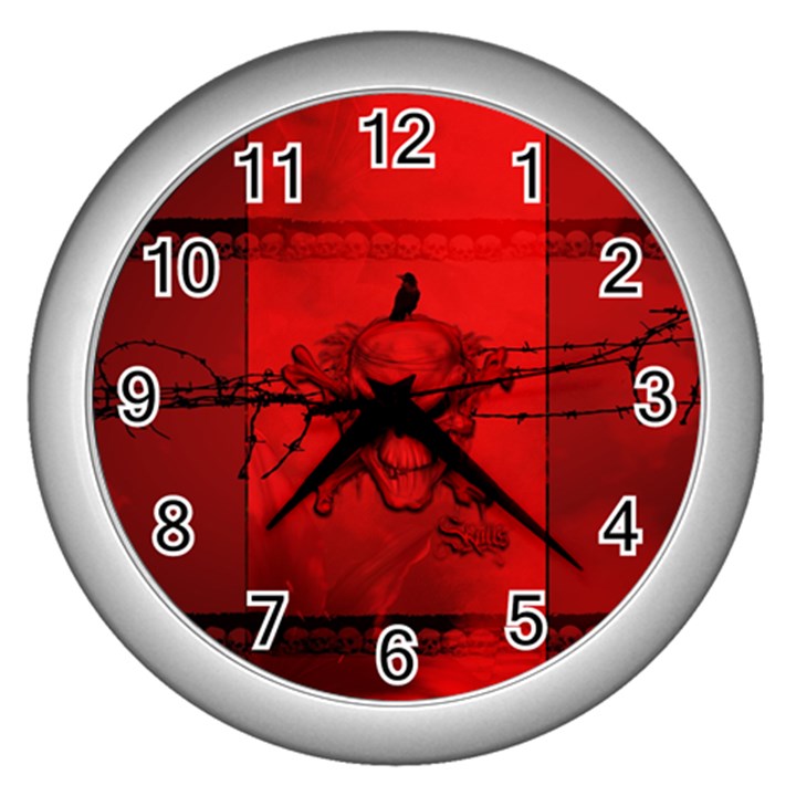 Awesome Creepy Skull With Crowm In Red Colors Wall Clock (Silver)