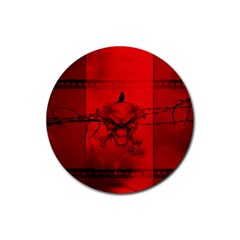 Awesome Creepy Skull With Crowm In Red Colors Rubber Coaster (round)  by FantasyWorld7