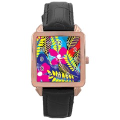 Pattern Leaf Polka Rainbow Rose Gold Leather Watch  by HermanTelo