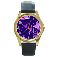 Purple Blue Geometric Pattern Round Gold Metal Watch by HermanTelo