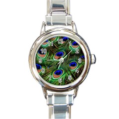 Peacock Feathers Plumage Iridescent Round Italian Charm Watch by HermanTelo