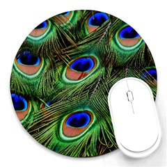 Peacock Feathers Plumage Iridescent Round Mousepads by HermanTelo