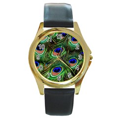 Peacock Feathers Plumage Iridescent Round Gold Metal Watch by HermanTelo