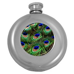 Peacock Feathers Plumage Iridescent Round Hip Flask (5 Oz)