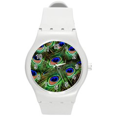 Peacock Feathers Plumage Iridescent Round Plastic Sport Watch (m)