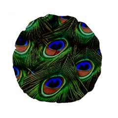 Peacock Feathers Plumage Iridescent Standard 15  Premium Round Cushions by HermanTelo