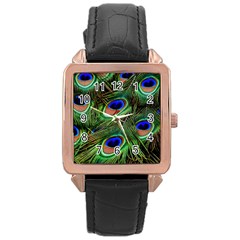 Peacock Feathers Plumage Iridescent Rose Gold Leather Watch  by HermanTelo