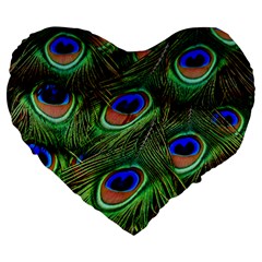 Peacock Feathers Plumage Iridescent Large 19  Premium Flano Heart Shape Cushions by HermanTelo