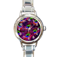 Peacock Feathers Color Plumage Round Italian Charm Watch by HermanTelo