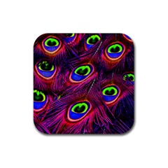 Peacock Feathers Color Plumage Rubber Coaster (square)  by HermanTelo