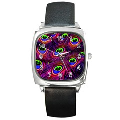 Peacock Feathers Color Plumage Square Metal Watch