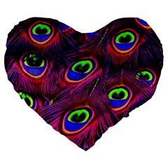 Peacock Feathers Color Plumage Large 19  Premium Flano Heart Shape Cushions by HermanTelo