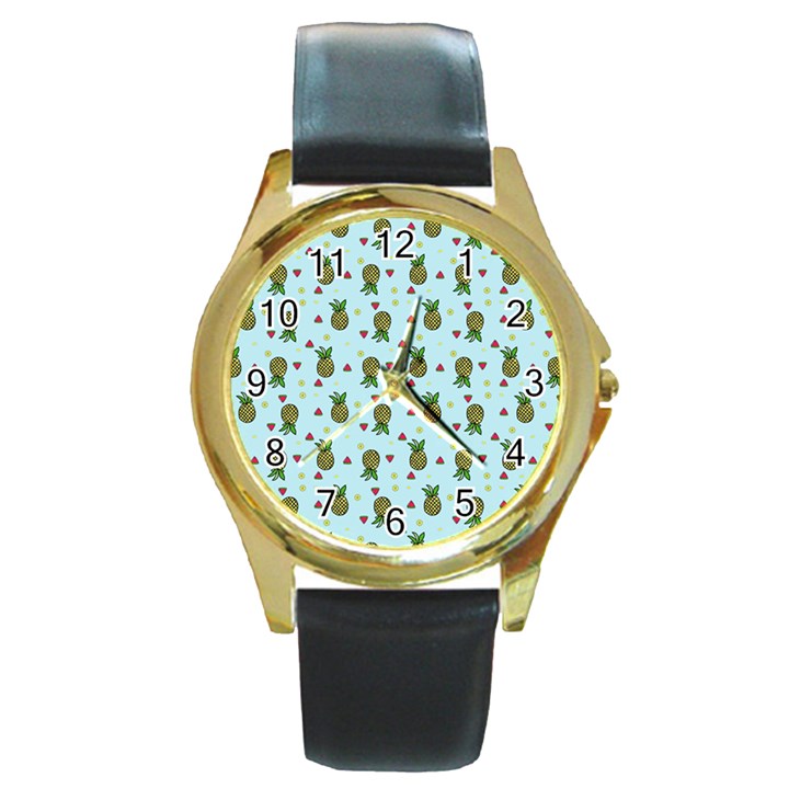 Pineapple Watermelon Fruit Lime Round Gold Metal Watch