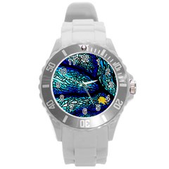 Sea Coral Stained Glass Round Plastic Sport Watch (l)