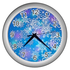 Snowflake Background Blue Purple Wall Clock (silver) by HermanTelo