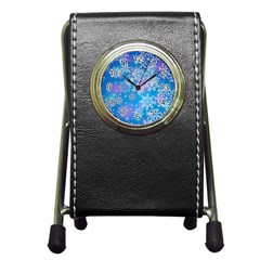 Snowflake Background Blue Purple Pen Holder Desk Clock