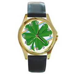 Shamrock Clover Saint Patrick Leaves Round Gold Metal Watch by HermanTelo