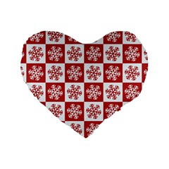 Snowflake Red White Standard 16  Premium Flano Heart Shape Cushions