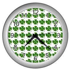 Shamrocks Clover Green Leaf Wall Clock (silver) by HermanTelo