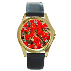 Columbus Commons Red Tulips Round Gold Metal Watch by Riverwoman