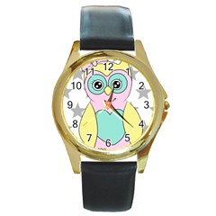 Sowa Child Owls Animals Round Gold Metal Watch by Sapixe