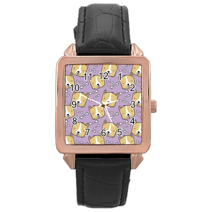 Corgi Pattern Rose Gold Leather Watch 