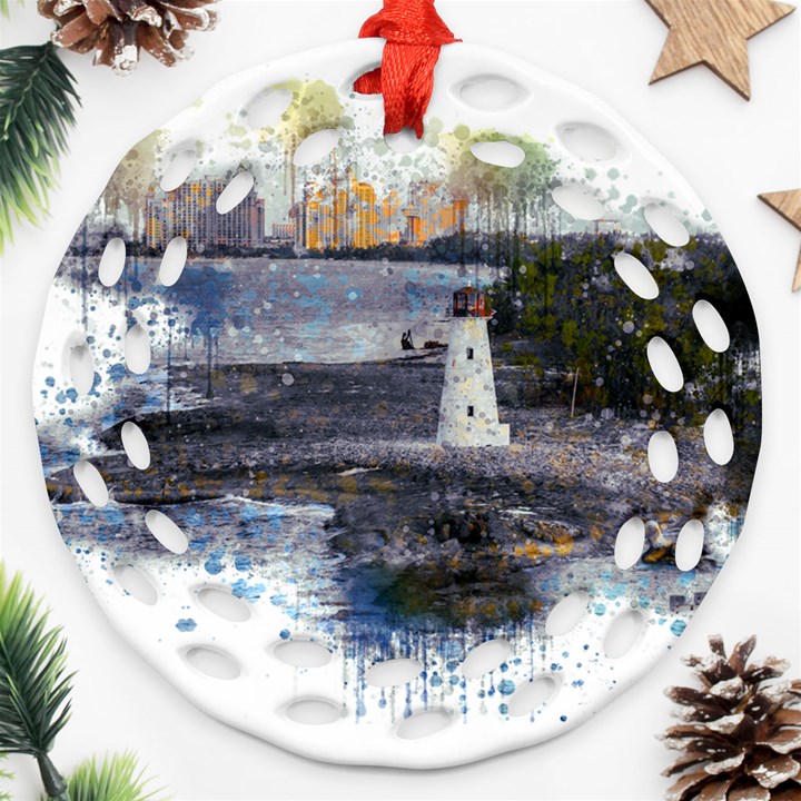 Lighthouse Art Sea Ocean Vintage Ornament (Round Filigree)