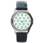 Plant Pattern Green Leaf Flora Round Metal Watch Front